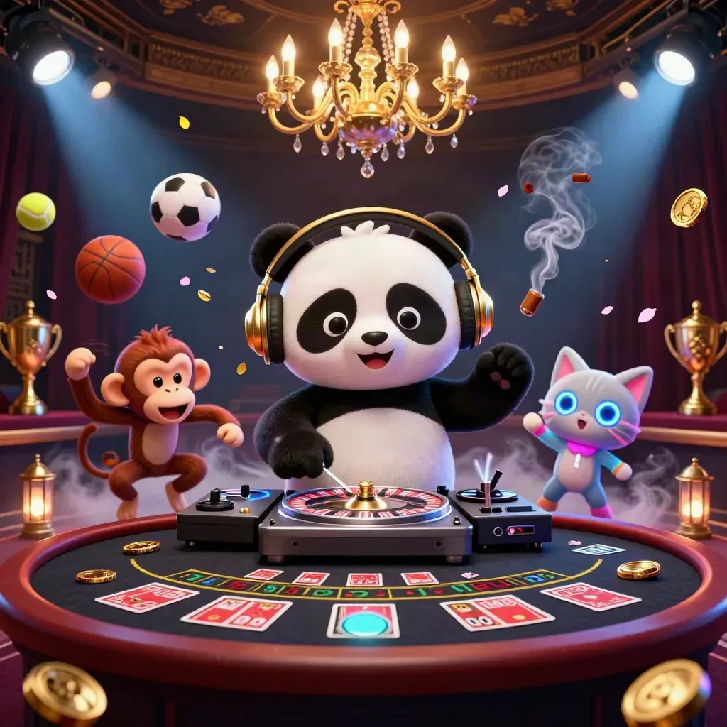 DJ panda, dancing monkey and glow-stick kitten in a luxe casino storm of gold and blue