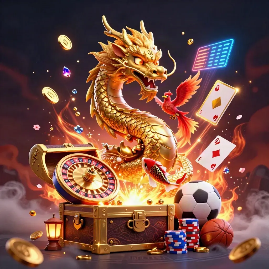 Golden dragon casino splash with coins, roulette, chips, soccer ball, basketball, phoenix and koi.