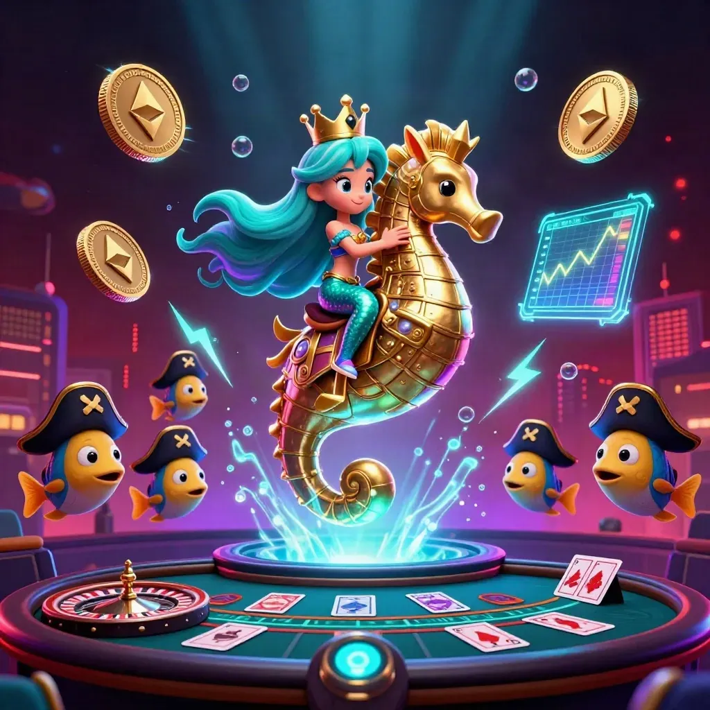 Mermaid princess rides a golden seahorse amid neon casino tech, coins, cards, and glowing city dusk