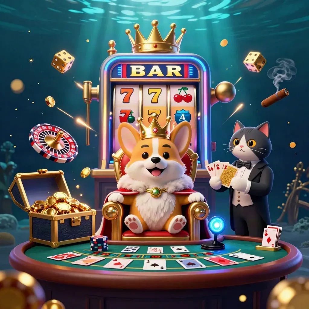 Royal corgi and cat butler amid jackpot slot bursts, glowing dice, and luxe casino light.