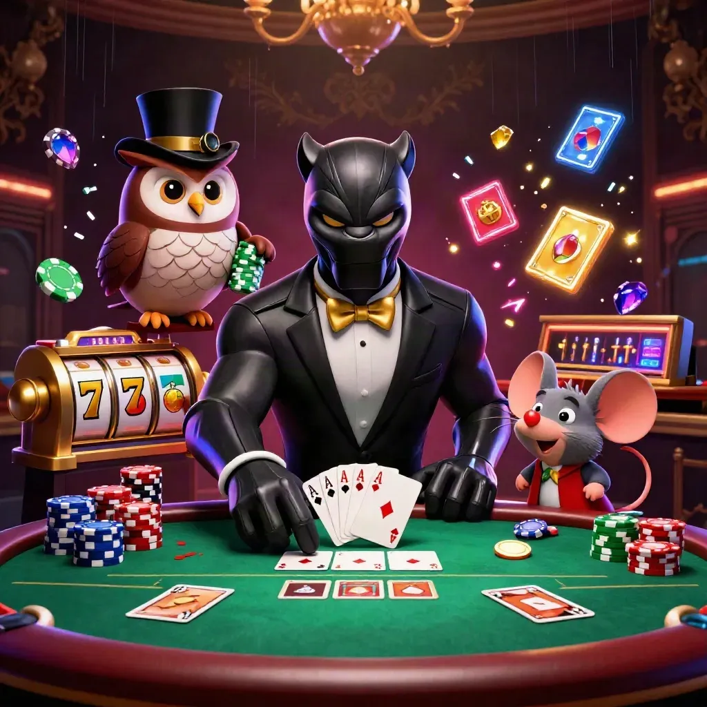 Panther dealer, owl and mouse amid chips, cards, neon blue casino chaos on a dark luxury backdrop.