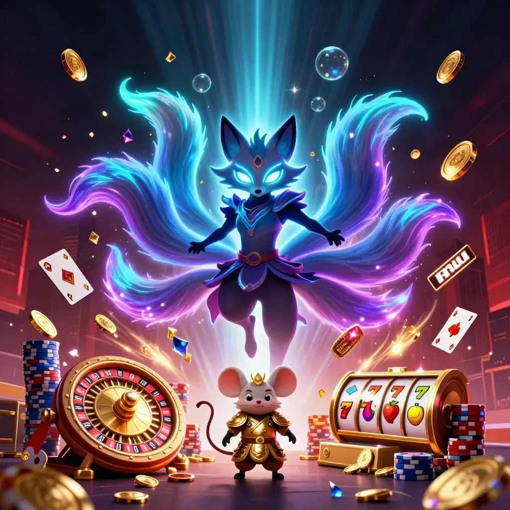 Nine-tailed fox spirit and armored mouse amid flying casino treasures and electric blue glow.