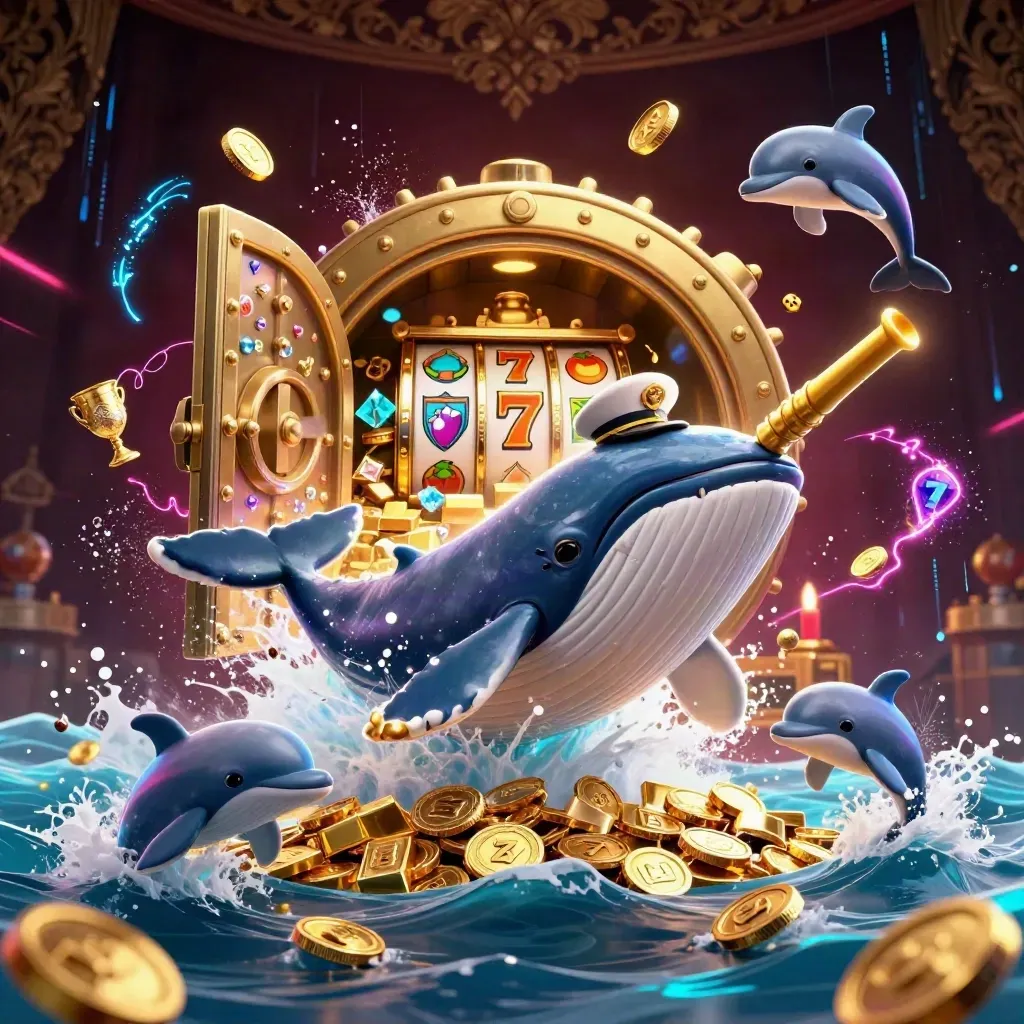 Whale captain, narwhal, and dolphins burst from gold coins around an open treasure vault.