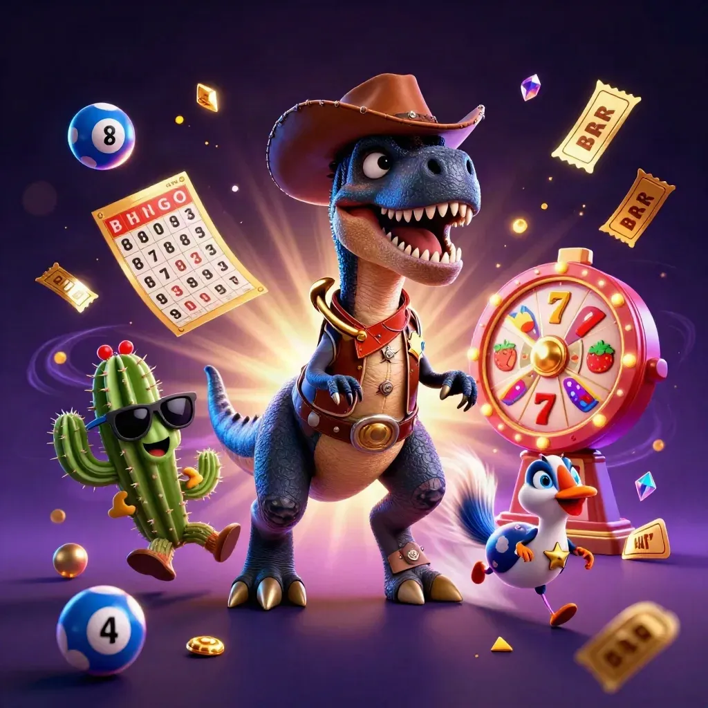 Cowboy T-Rex, cactus sidekick, and roadrunner amid casino loot and electric-blue storm glow