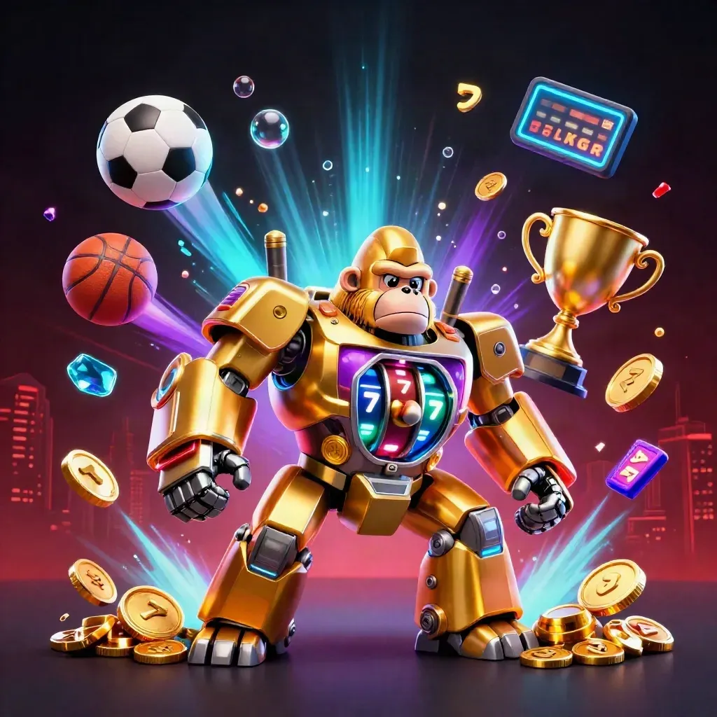 Golden gorilla mech with monkey pilot blasts through casino treasure, balls, coins, and neon glow.