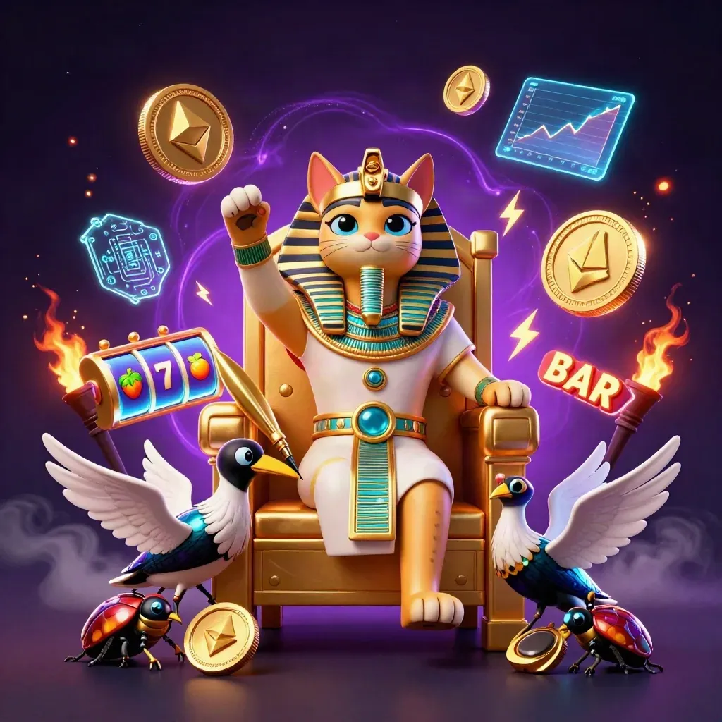 Pharaoh cat, ibis scribe, and gem-wing scarabs amid crypto coins, lightning, and gold casino glow.