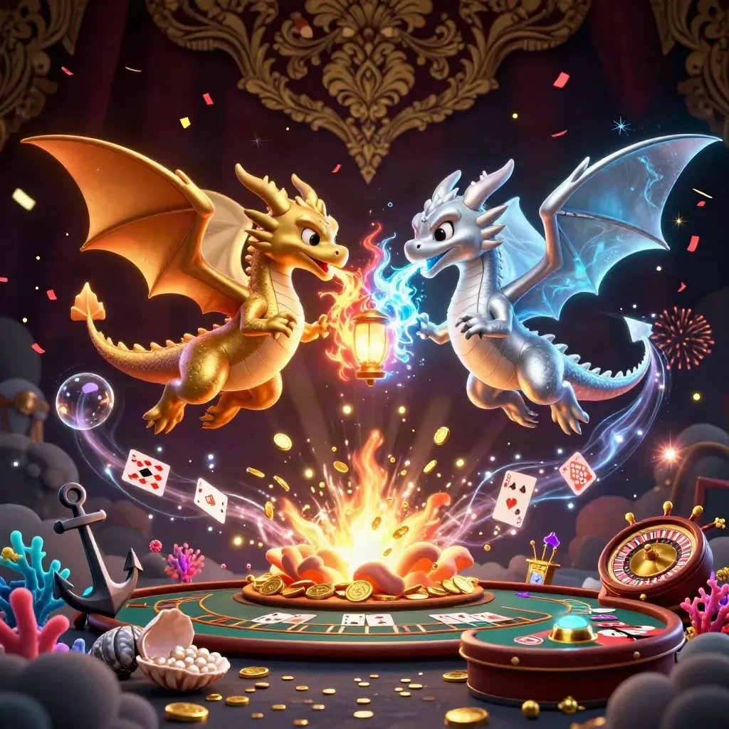 Gold and silver dragons swirl amid coins, fireworks, and casino treasures in a dark luxe storm.