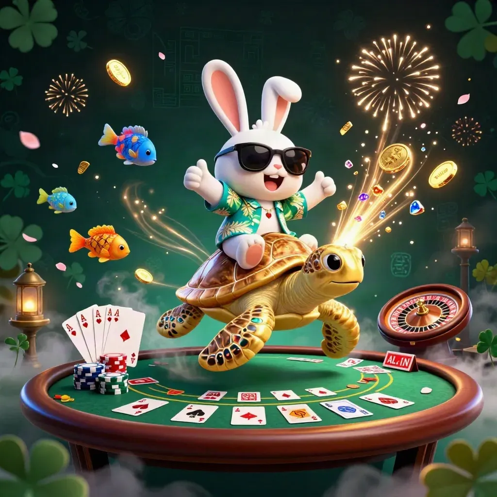Lucky rabbit on a golden sea turtle amid chips, cards, coins, and fireworks.