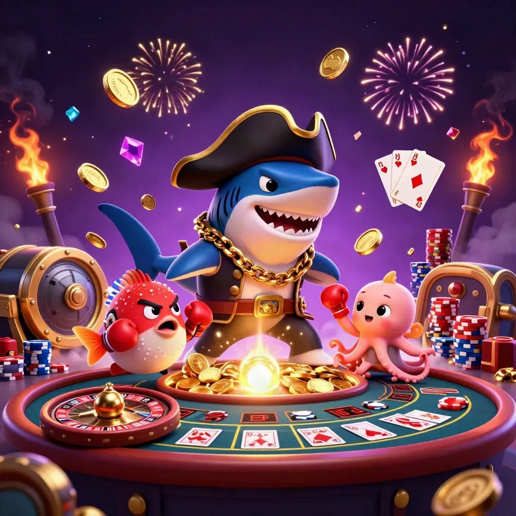 Pirate shark, pufferfish, and octopus amid coins, cards, roulette, and neon casino treasure burst.
