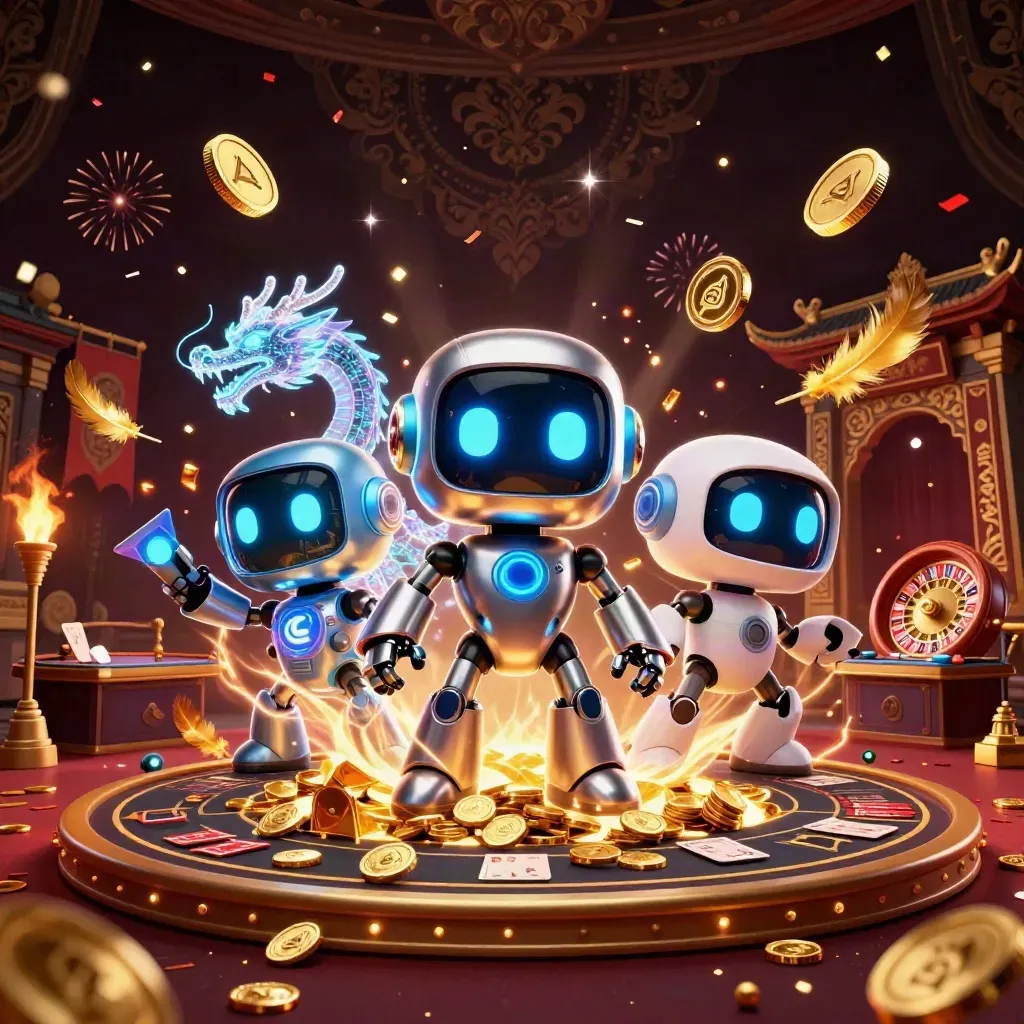 Cyberpunk robot, holographic dragon and coin drone amid vault burst, casino symbols and fireworks