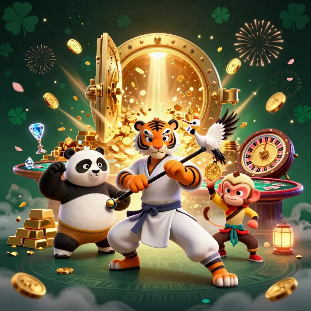 Kung-fu tiger, panda, and monkey amid vault coins, roulette wheel, blackjack table, and fireworks.
