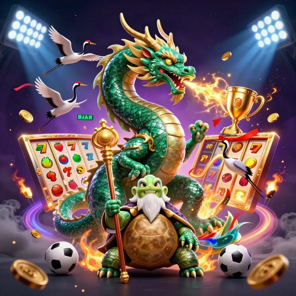 Emerald dragon, turtle sage, cranes, casino symbols, coins, and glowing neon storm effects.