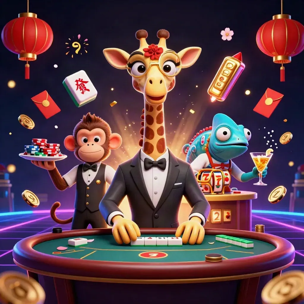 Neon casino key art with giraffe, monkey valet, and chameleon bartender amid chips, lanterns, and slot reels