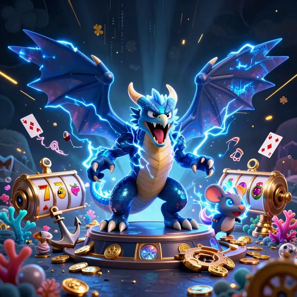 Thunder dragon, wind hawk, and static mouse amid gold coins, cards, and neon casino energy.