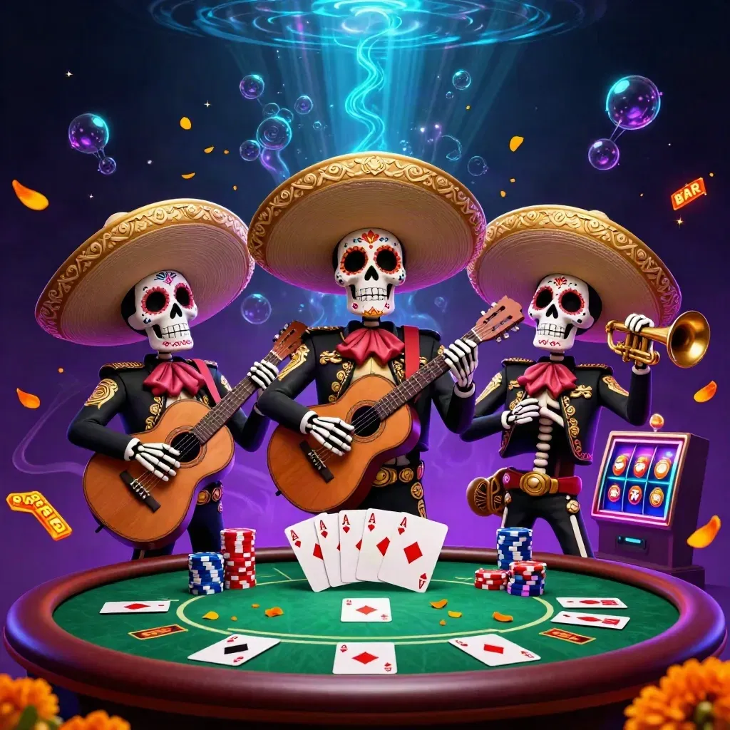 Three festive skeleton mariachi musicians amid poker chips, cards, reels, and neon casino magic.