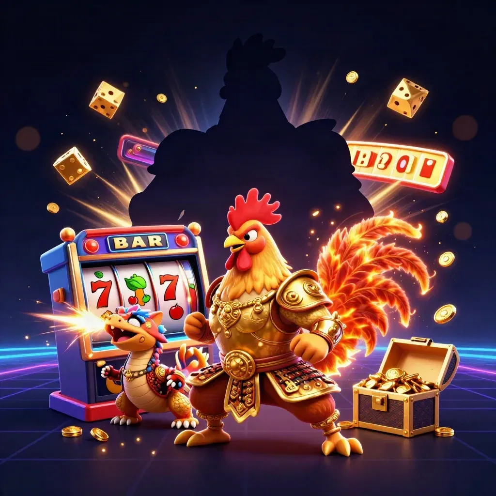 Rooster warrior, dragon hatchling, and fortune cat amid exploding slots, gold, and neon light.