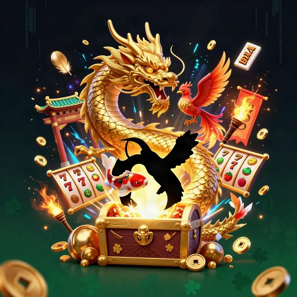 Golden dragon, phoenix, and koi bursting from treasure amid casino glow and stormy neon light