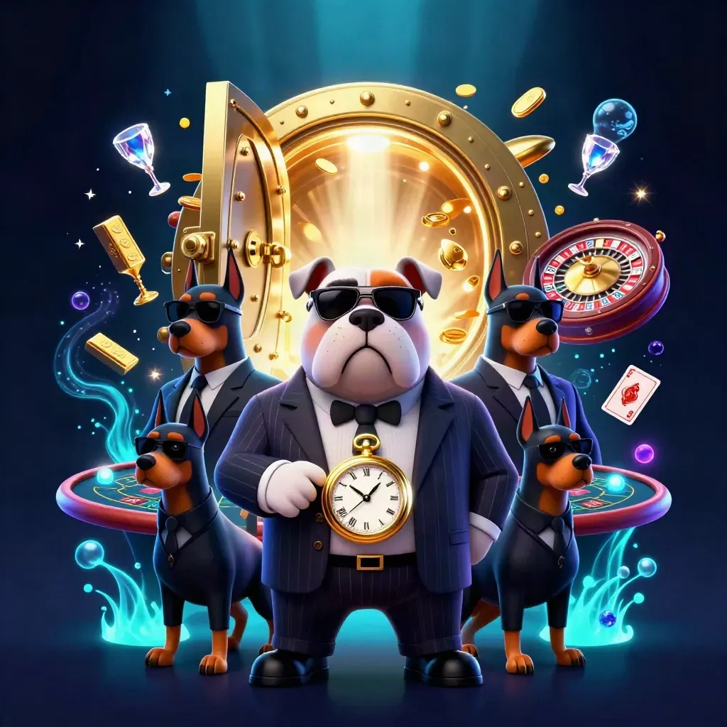 Bulldog boss and Doberman guards amid gold vault riches and neon casino lights.