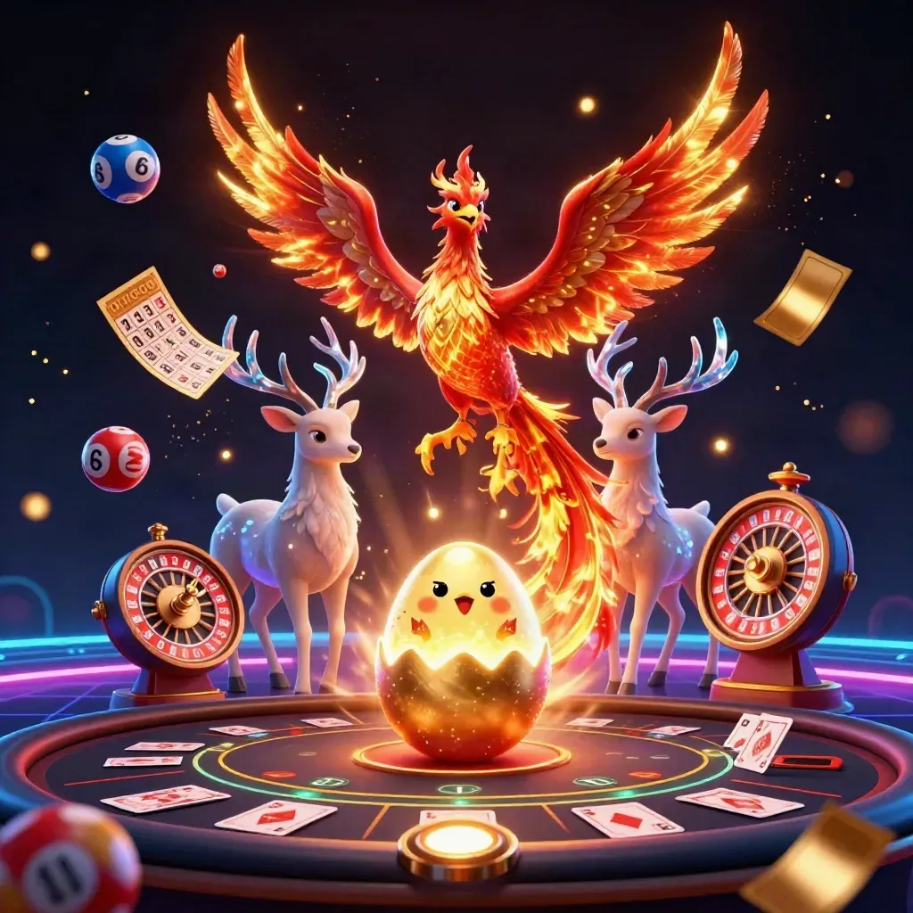 Phoenix, stag, and baby phoenix amid casino tokens and neon glow