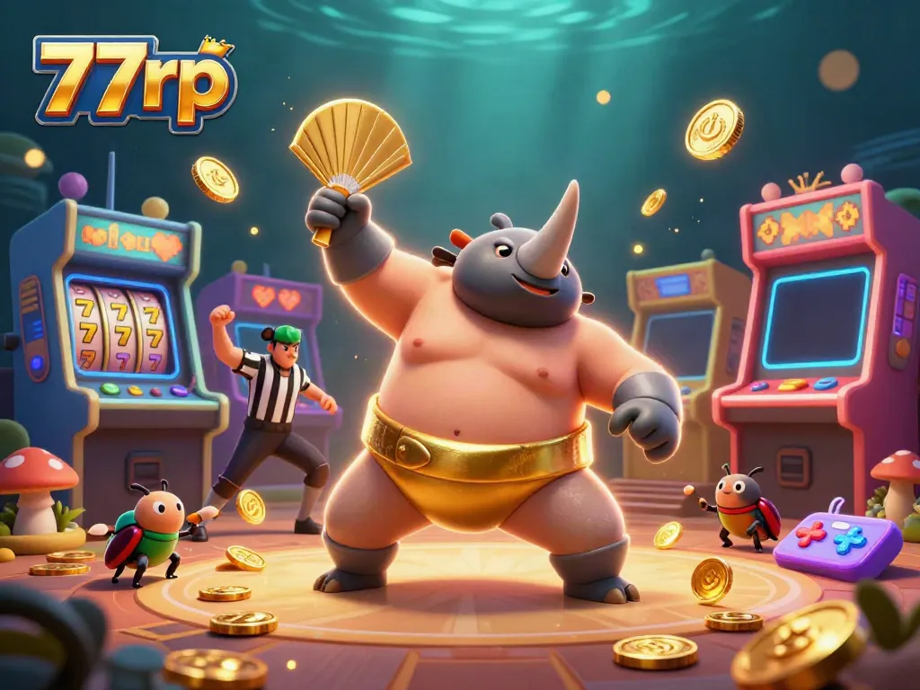 Engage in thrilling gameplay with 77rp featuring a sumo beetle champion amid flying coins and arcade games.