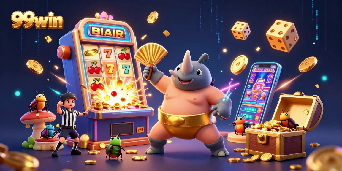 Experience the thrilling action of 99win with a sumo beetle champion and an explosive slot machine.