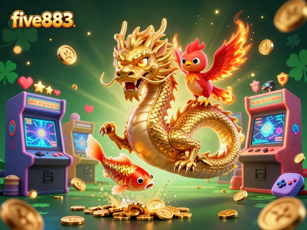 Engage with five883 through an exciting 3D illustration featuring a golden dragon, phoenix, and koi fish in a vibrant casino setting.