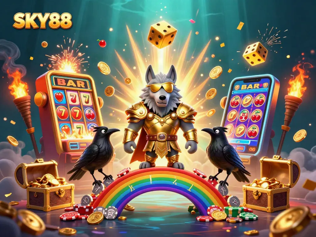 Experience thrilling casino adventures with SKY88 in this vibrant 3D illustration showcasing epic game elements.