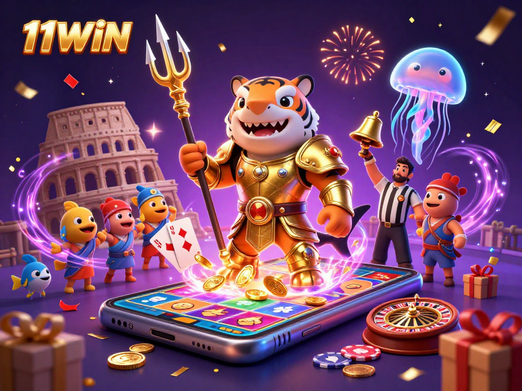 Engage with thrilling gameplay at 11WIN featuring dynamic slots, casino elements, and fun characters.