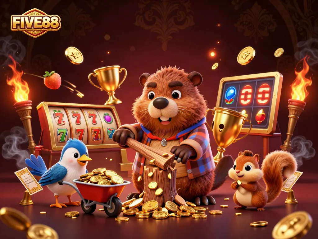 Engage in exciting casino fun with FIVE88 as a beaver character chops a tree raining gold coins, surrounded by vibrant slot elements.