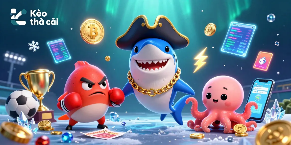 Kèo nhà cái offers exciting sports betting visuals with engaging characters like a cartoon shark and an octopus, surrounded by dynamic game elements.