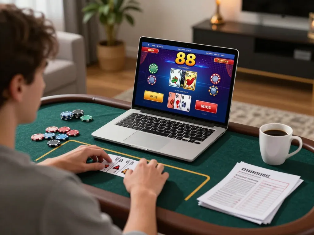 Engaging with bet 88 online casino setup, showcasing gameplay strategy with cards and chips.