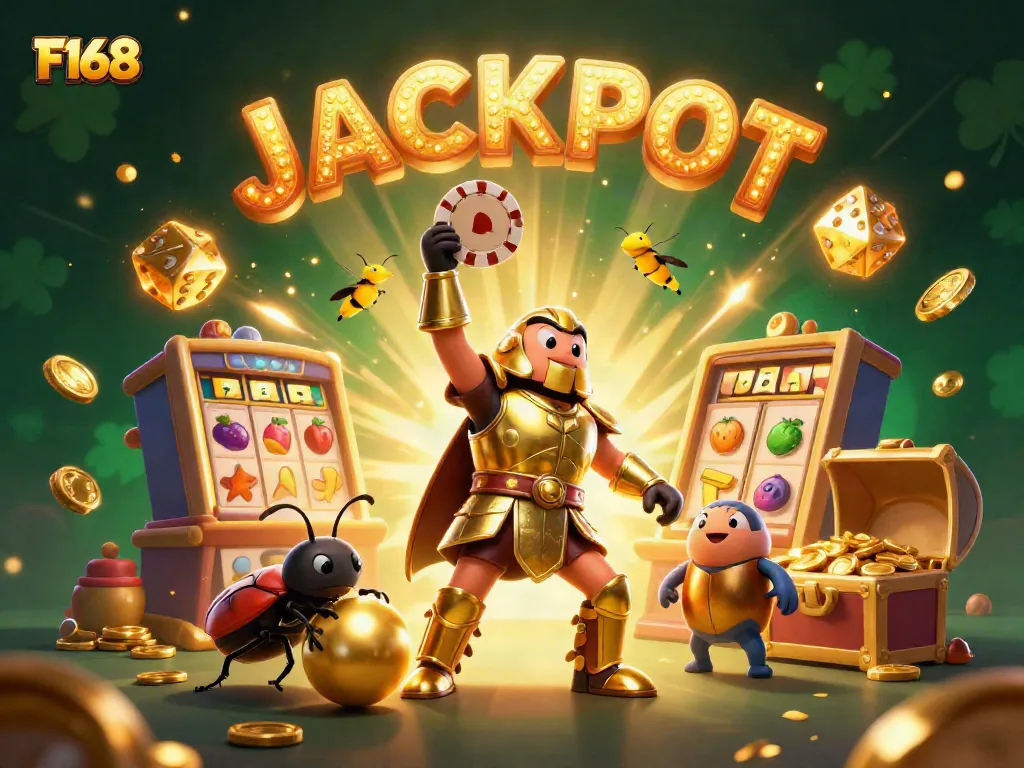 Win big with F168: A victorious scene with a beetle champion and golden casino elements.