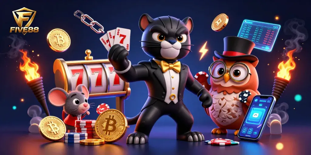 Engage in thrilling games at FIVE88 with dynamic 3D casino characters and vibrant gambling elements.