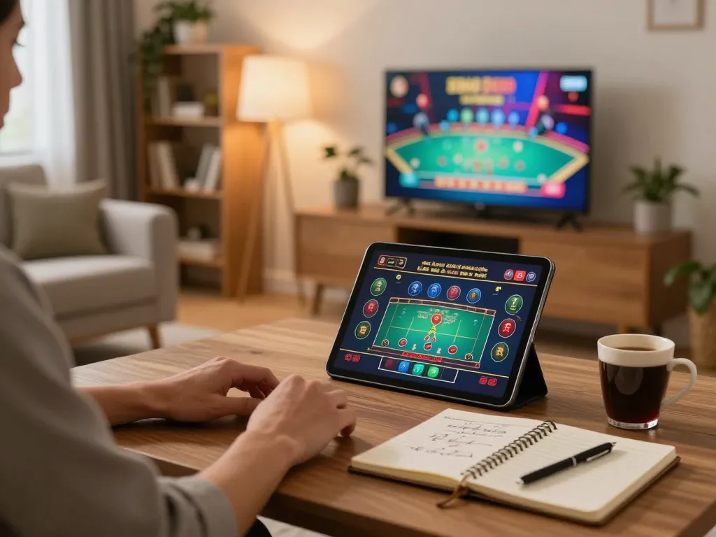 Player enjoying a live dealer game on a tablet at home, showcasing the excitement of nhà cái nk88.