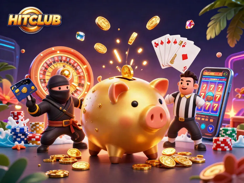 HITCLUB showcases vibrant casino action with gold coins and characters in a dynamic 3D scene.