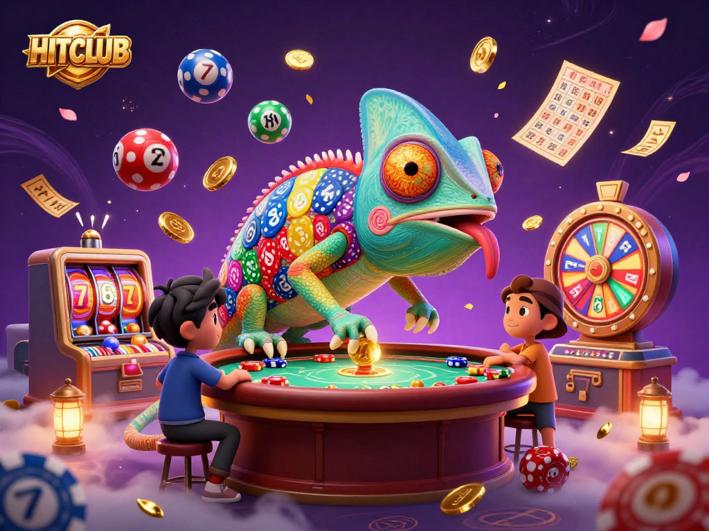 Engage with exciting HITCLUB gaming experiences through colorful lottery balls and spinning reels in an immersive casino scene.