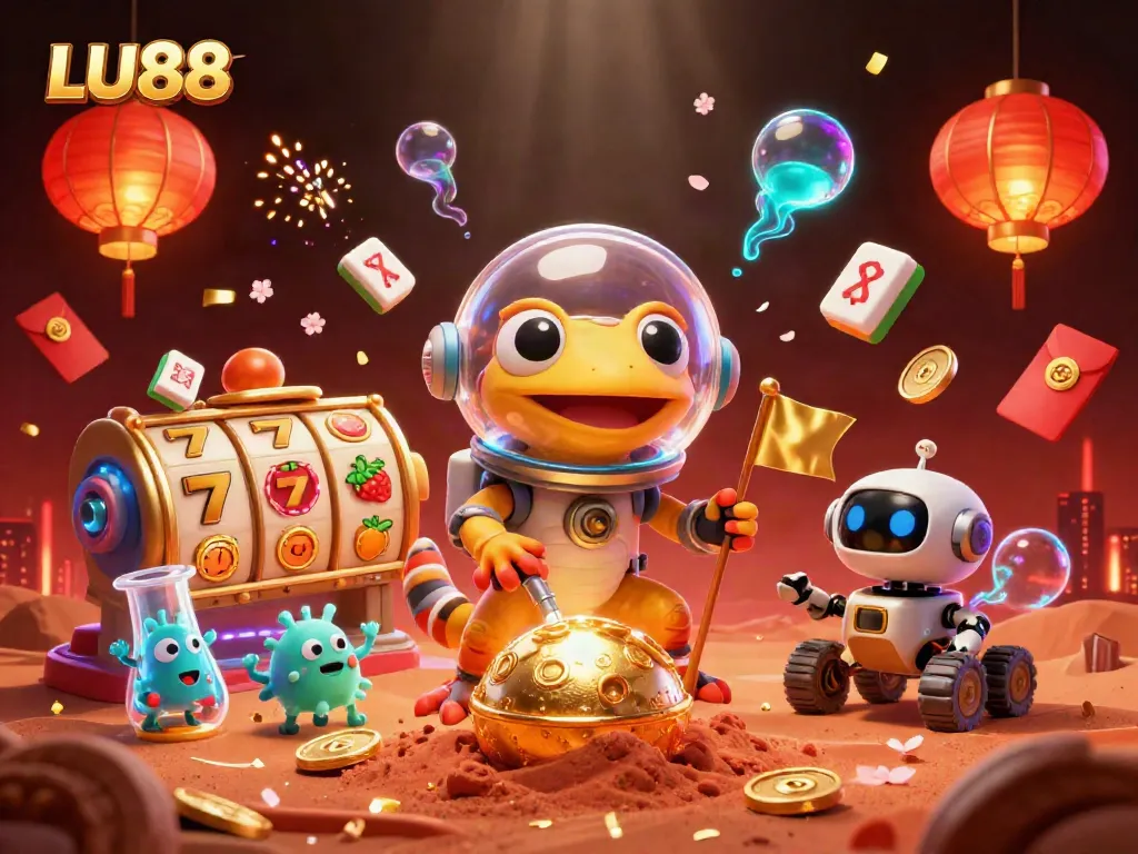 LU88 players hitting jackpots at a vibrant alien casino filled with 3D excitement