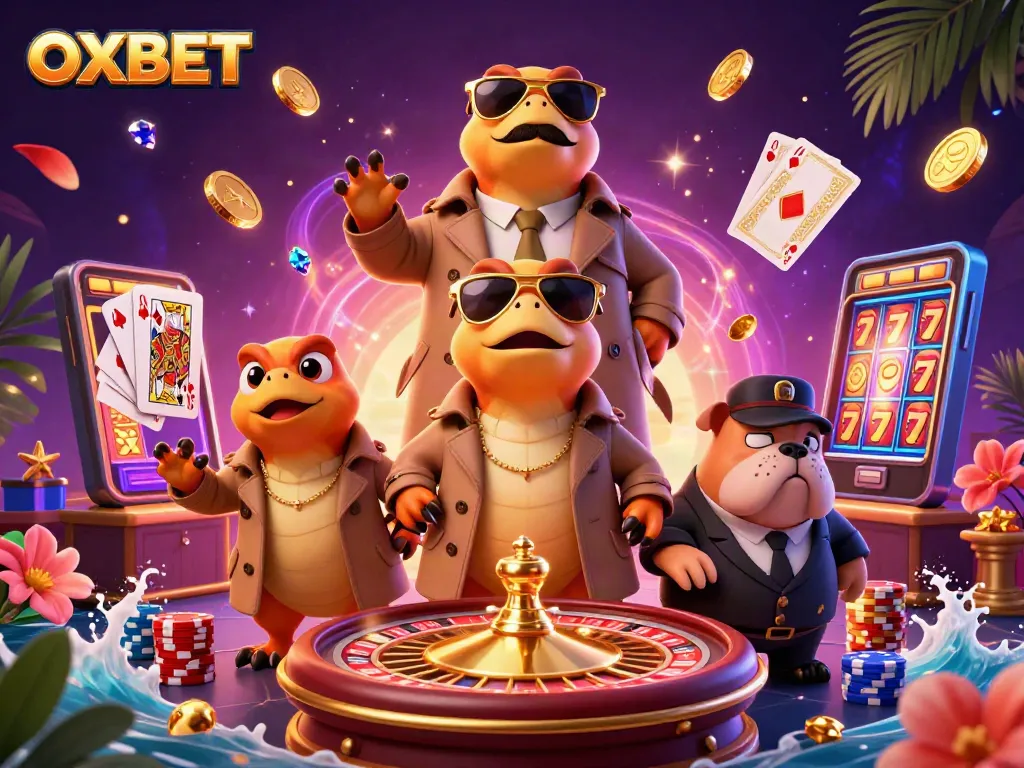 Experience OXBET's thrilling casino scene with raptors and a bulldog bouncer amidst sparkling treasures.
