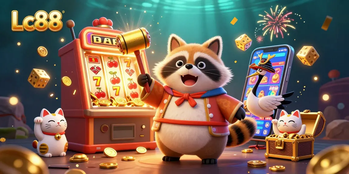 Experience exciting wins at Lc88 with a vibrant casino illustration featuring dynamic characters and games.