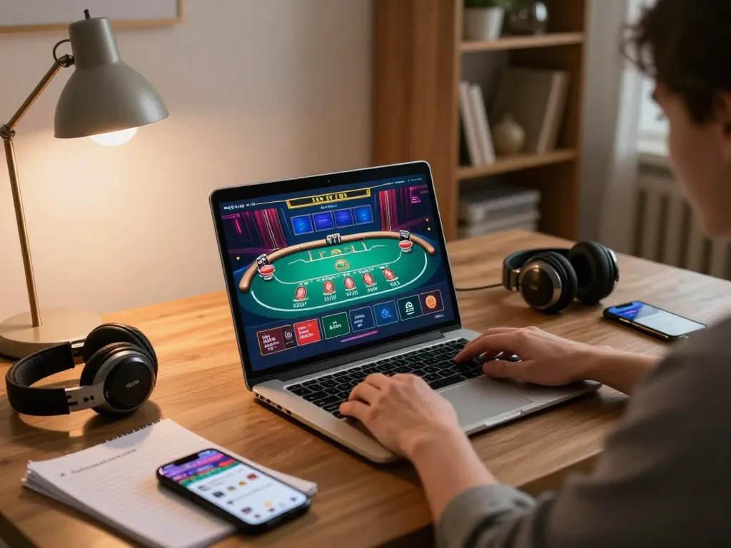 Player engaging with a live dealer game at an online casino, showcasing CM88 gaming strategies from home