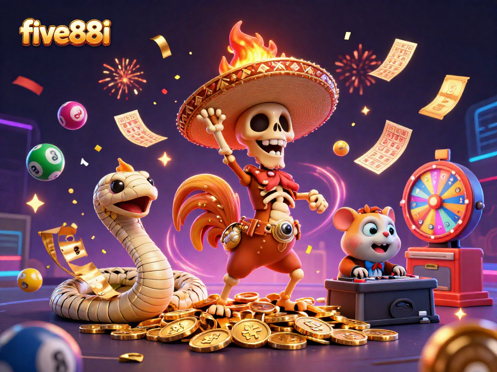 Experience excitement at five88i with a vibrant victory scene of dancing characters amid casino elements.