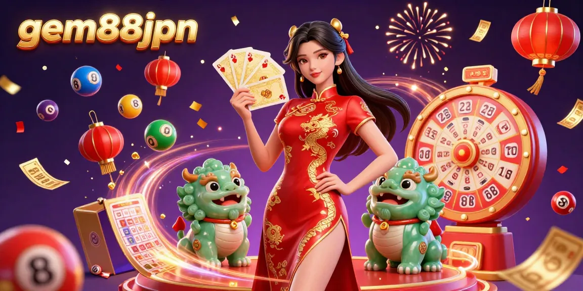 Experience the excitement of gem88jpn with a vibrant 3D casino illustration featuring lottery elements and a stunning qipao.