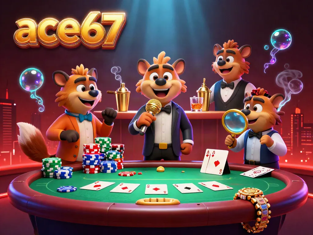 Experience the vibrant casino atmosphere of ace67 with hyena characters at a comedy show, poker elements, and rich details.