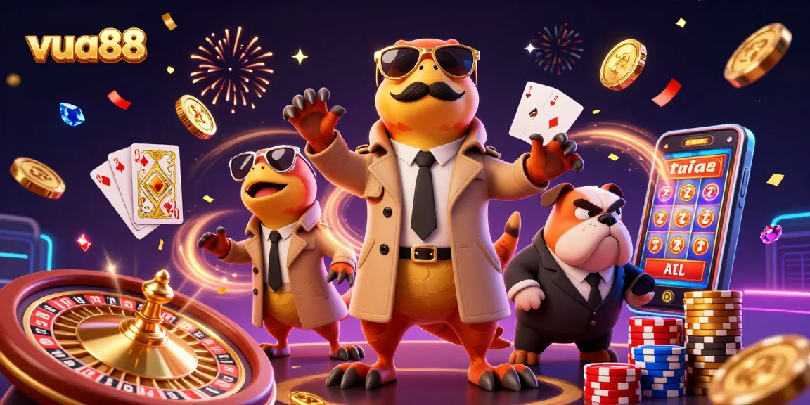 Join the fun at vua88 with playful raptors in a casino scene emphasizing gaming excitement.