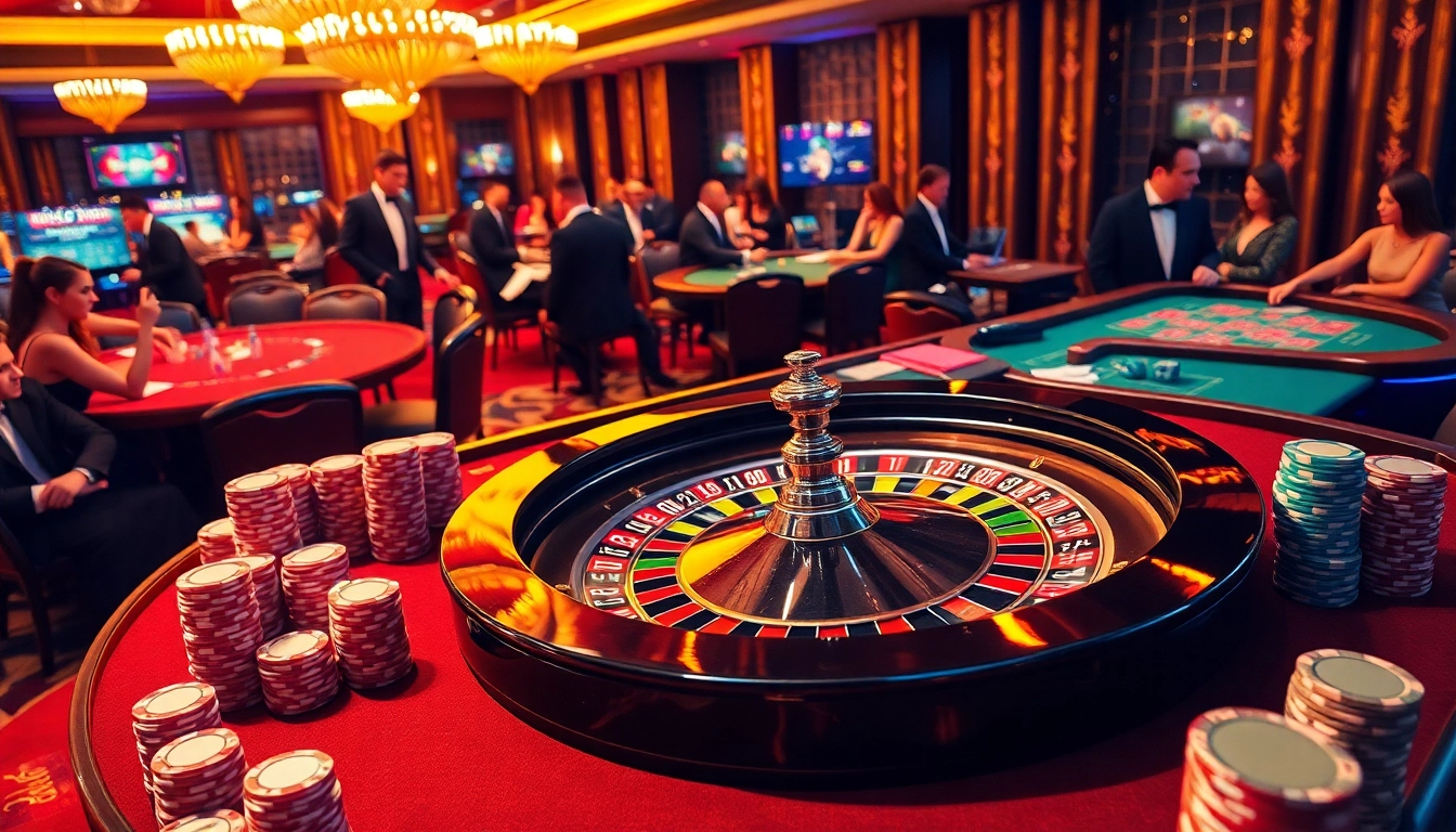Excited players engaging in wagering activities at 28bet casino tables, showcasing luxury and thrill.