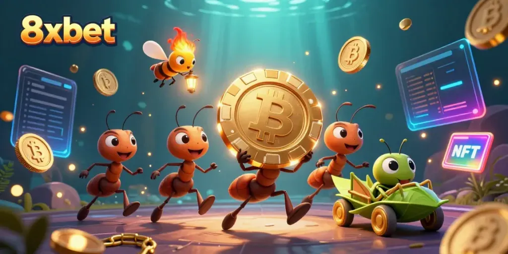 Engage with 8xbet's exciting heist scene as cartoon ants carry a massive poker chip.