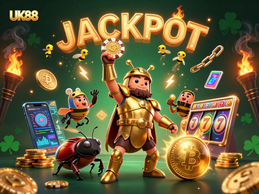 Engage with UK88's thrilling jackpot scene featuring vibrant characters and dynamic casino elements.