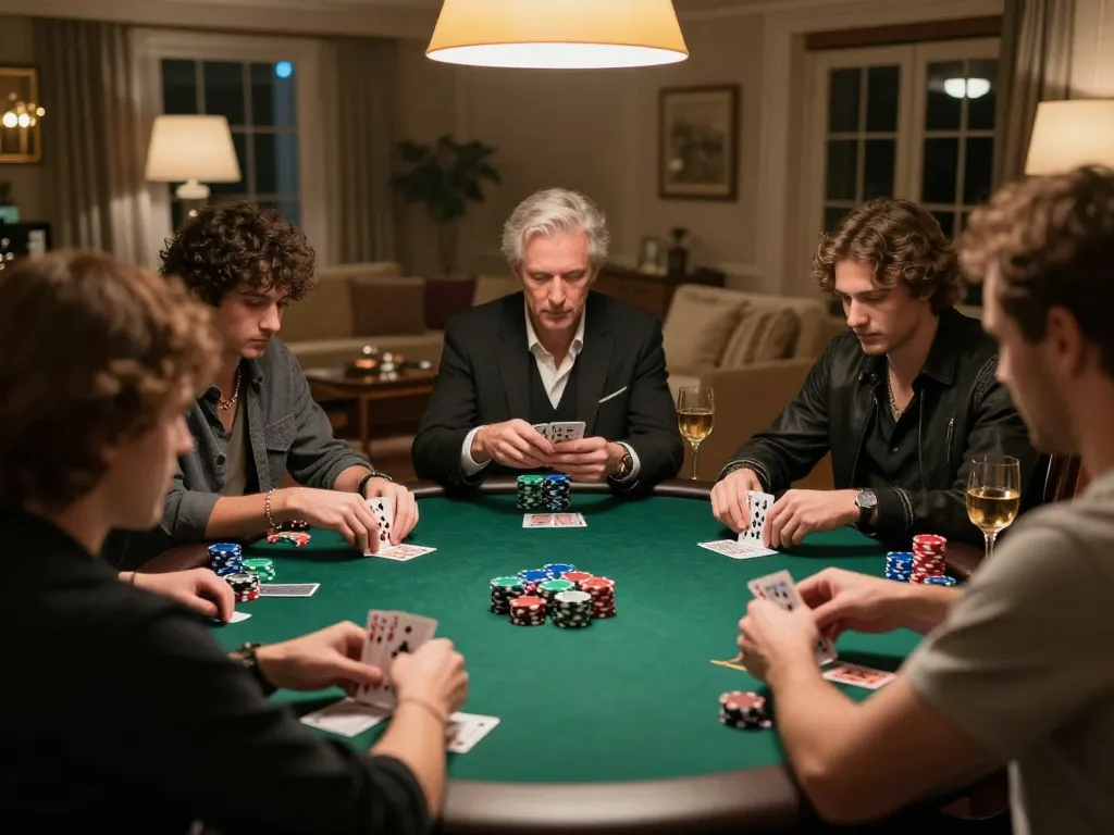 One88 players engaged in a strategic poker game at home, showcasing intensity and social interaction.