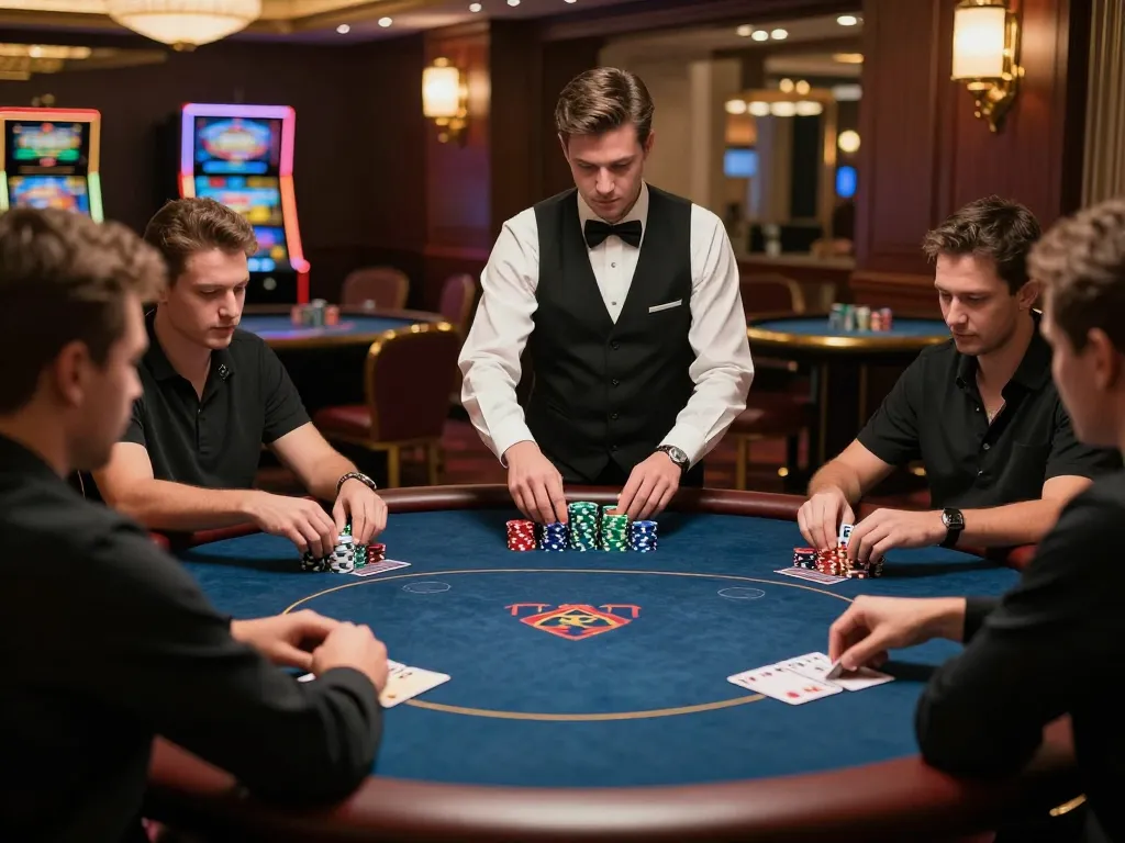 Players engaging in a strategic poker game at an upscale casino, showcasing 98win atmosphere and excitement.
