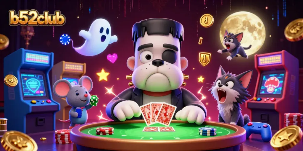 b52club deals cards in a spooky casino environment with a bulldog monster, ghost mouse, and werewolf kitten.